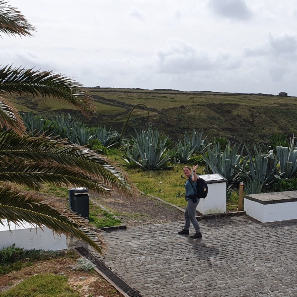 start wandeling Azoren vrouw wandelt tussen palmbomen en agaveplanten op een heuvelachtig landschap.