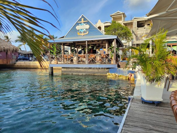 Tropisch restaurant aan het water met bezoekers en palmbladeren op de voorgrond.